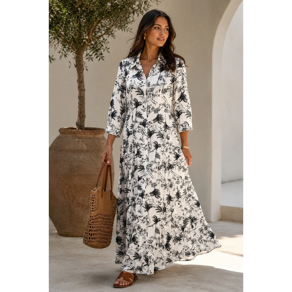 JOIE Womens New Maxi Dress XS Animal Print Linen Blend Black & White 3/4 Sleeve
